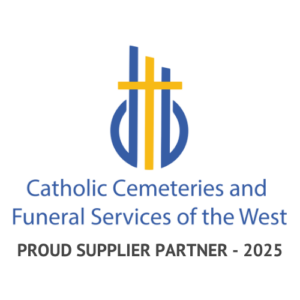Logo with a blue and yellow cross design and text reading "Catholic Cemeteries and Funeral Services of the West, Proud Supplier Partner - 2025," featuring Holland Supply.