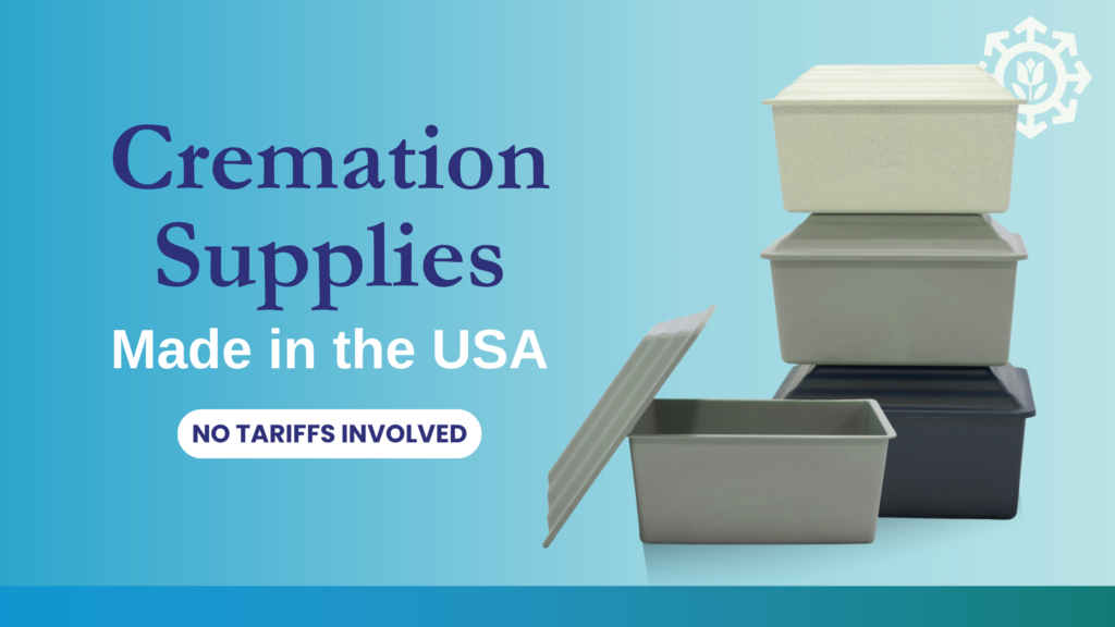 Stacked cremation containers with a removed lid next to text reading "Cremation Supplies Made in the USA. No tariffs involved" on a blue gradient background.