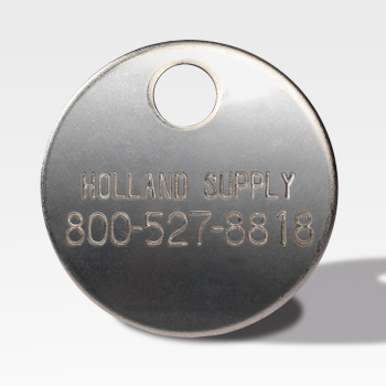 A round metal tag engraved with "HOLLAND SUPPLY" and the phone number "800-527-8818," ideal for use with cremation supplies.