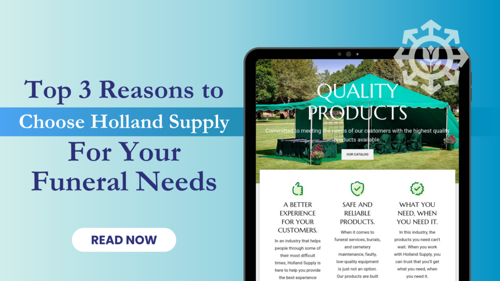 Banner image of Holland Supply’s headquarters featuring three reasons to choose Holland Supply for reliable cemetery and funeral products.
