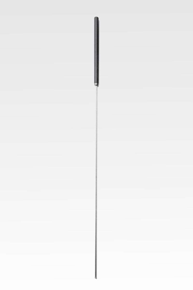 A long metal rod with a thin shaft, commonly used among cremation supplies, featuring a cylindrical, dark-colored handle, shown vertically against a plain background.