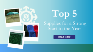 Collage of supplies for outdoor events with text: "Top 5 Supplies for a Strong Start to the Year" and a "READ NOW" button on a blue gradient background.