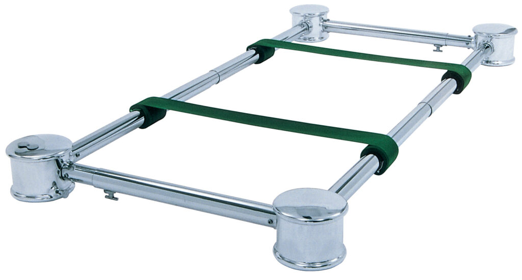 Metal adjustable luggage cart with four round wheels, two green securing straps, and ample space for transporting supplies, shown on a white background.