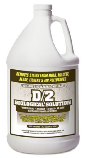 A gallon jug of D/2 Biological Solution, a cleaner for removing stains from mold, mildew, algae, lichens, and air pollutants.