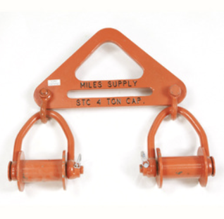 Orange metal lifting clamp with a triangular frame, two swiveling roller hooks, and "Miles Supply STC 4 TON CAP." text printed on the frame.