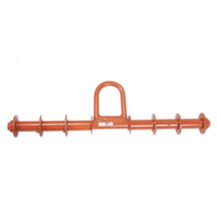 A brown electrical line insulator with multiple disc-shaped fins and a handle-like loop at the center.