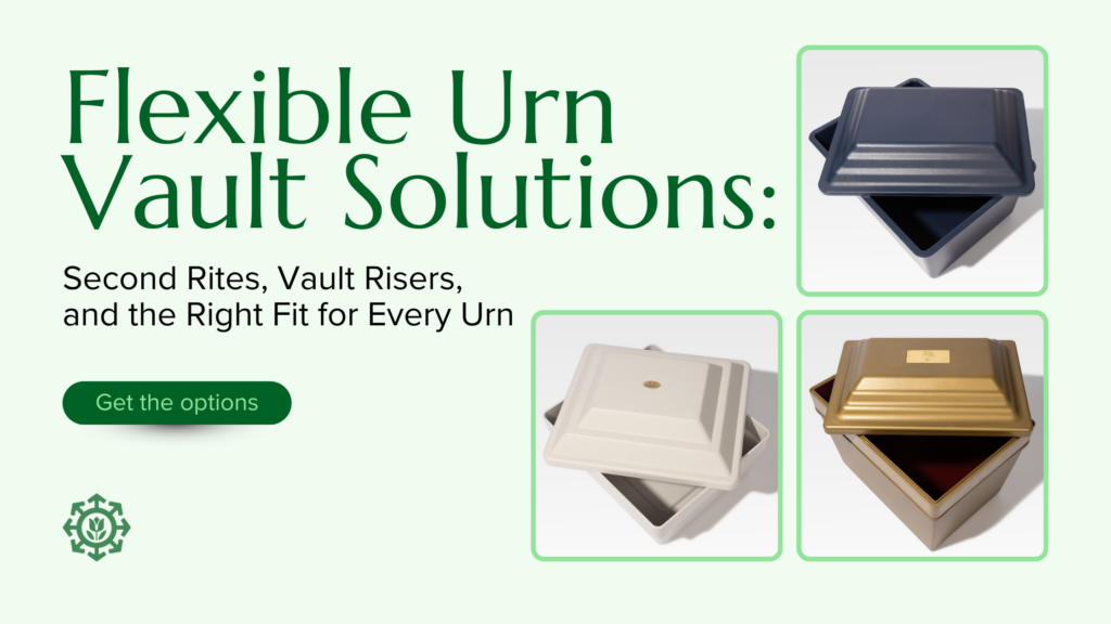 Three urn vaults—one navy, one ivory, one gold—are shown alongside text promoting flexible urn vault solutions and a green button labeled “Get the options.” These urn vault solutions offer both versatility and peace of mind for your needs.
