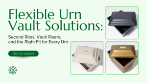 Three urn vaults—one navy, one ivory, one gold—are shown alongside text promoting flexible urn vault solutions and a green button labeled “Get the options.” These urn vault solutions offer both versatility and peace of mind for your needs.